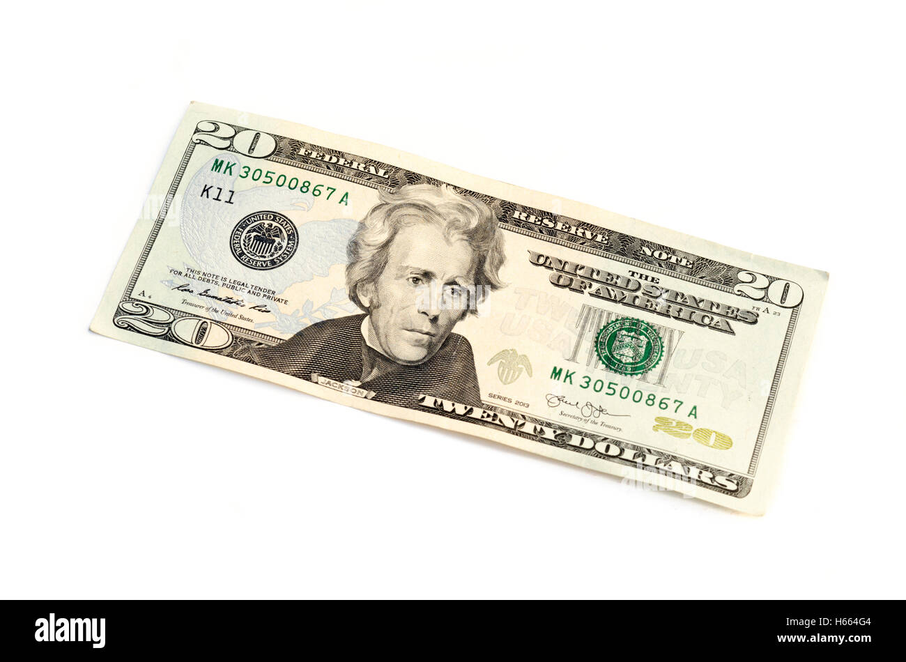 20 dollari su sfondo bianco Foto Stock
