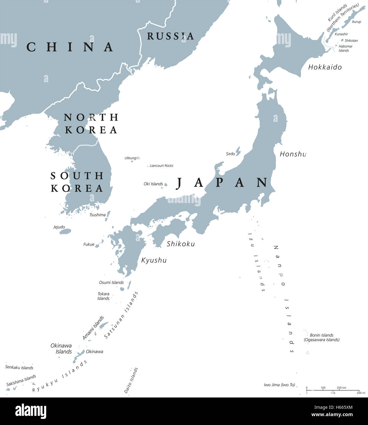 Penisola di Corea e Giappone paesi mappa politico con i confini nazionali e le isole. Nazioni in Asia orientale. Etichetta inglese. Foto Stock