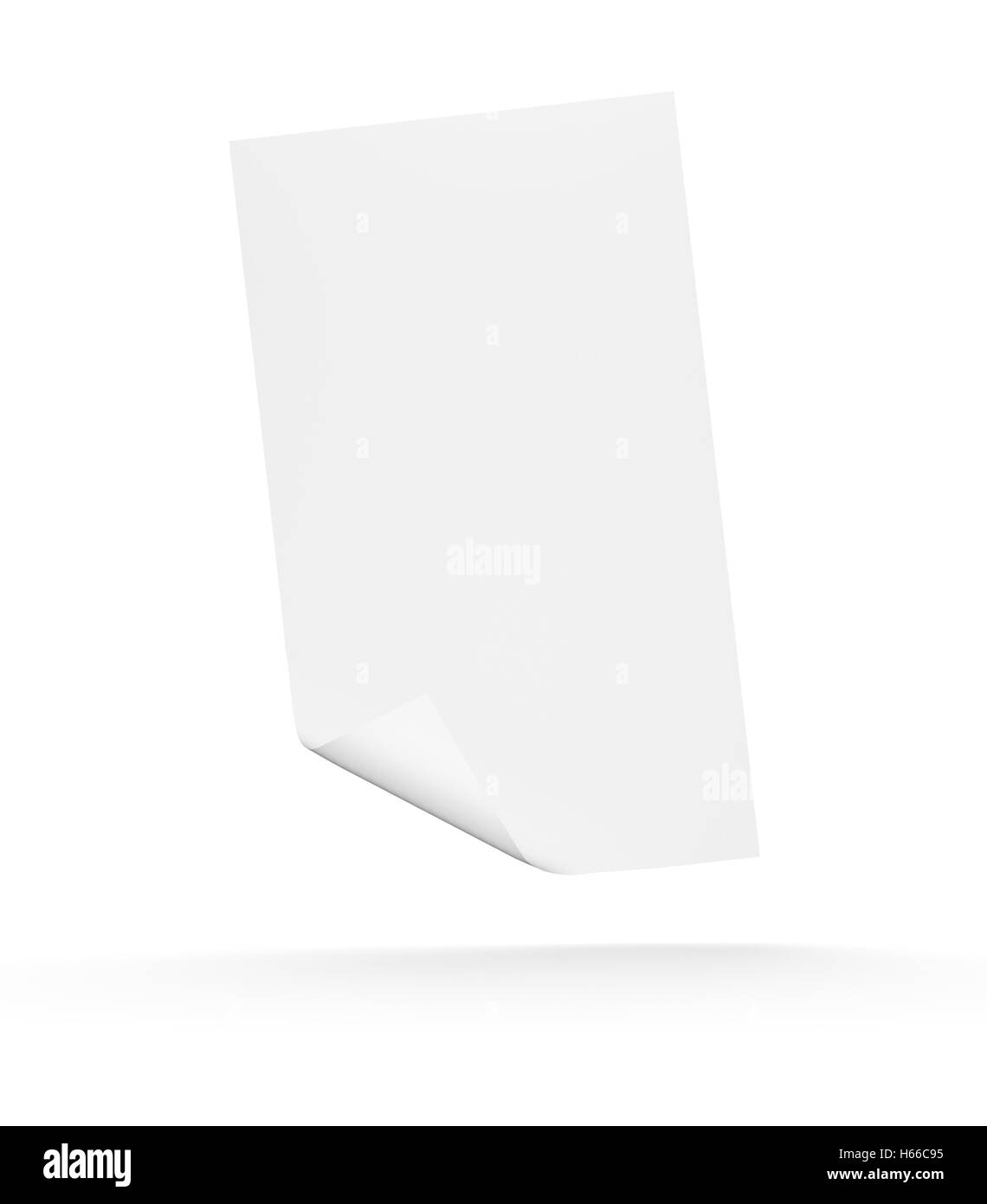 3d foglio di carta bianco e cadere. Pagina di carta con arricciature su sfondo bianco Foto Stock