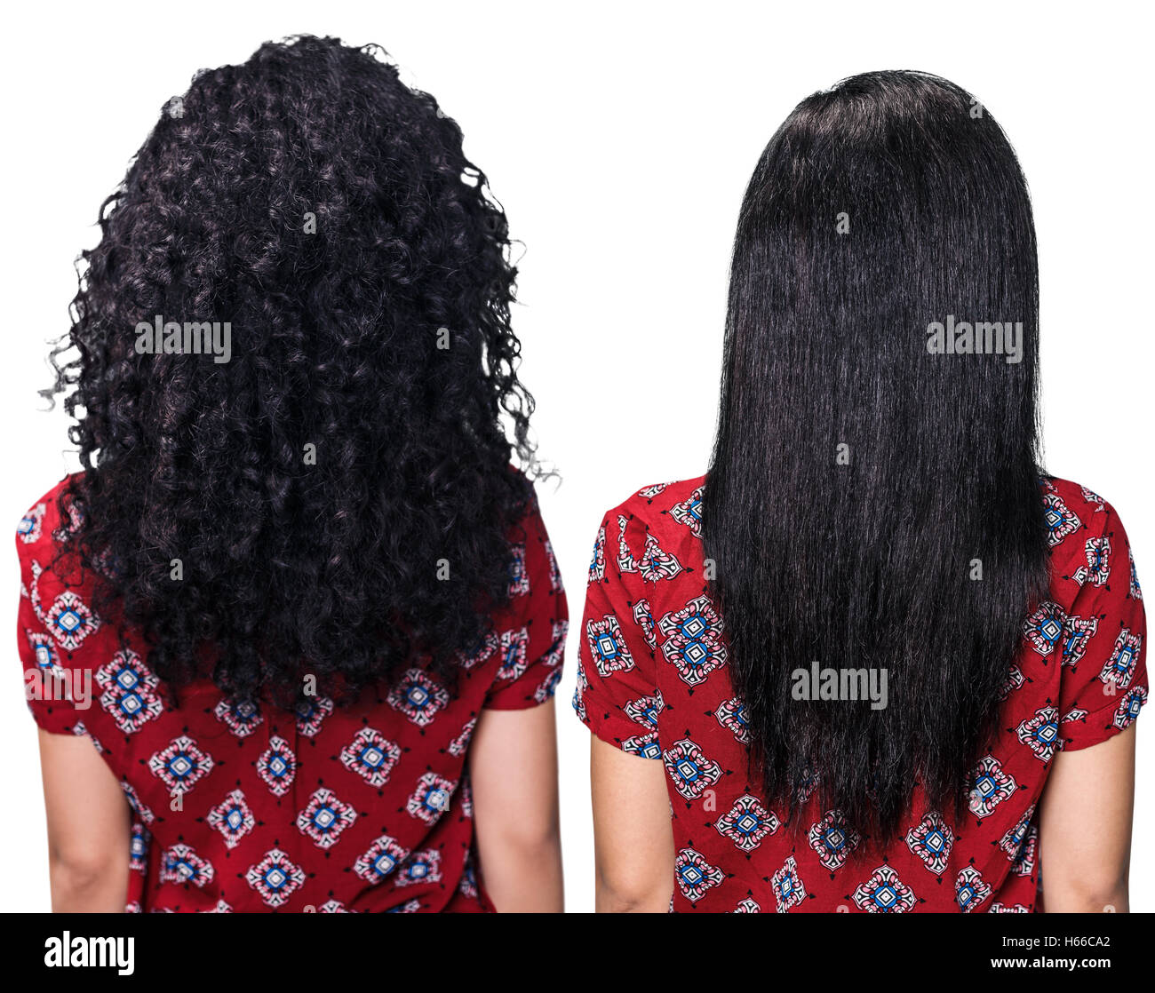Indietro femmina con i capelli prima e dopo la raddrizzatura su sfondo bianco Foto Stock