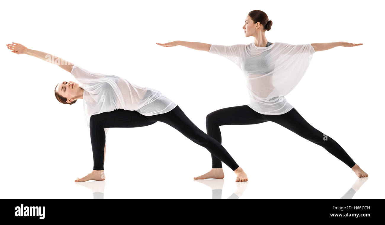 Collage di giovane donna facendo esercizio di yoga in camera bianca Foto Stock