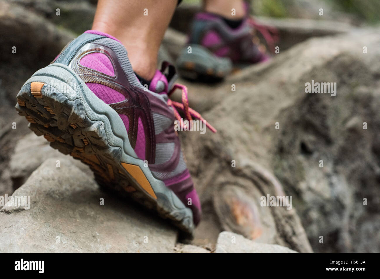 Il piede femminile di escursionista trekking in campagna Foto Stock