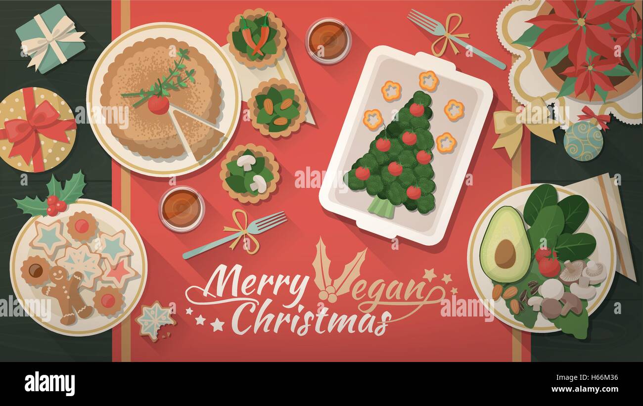 Delizioso cibo vegan su una tavola di Natale con doni e decorazione, vista dall'alto Illustrazione Vettoriale