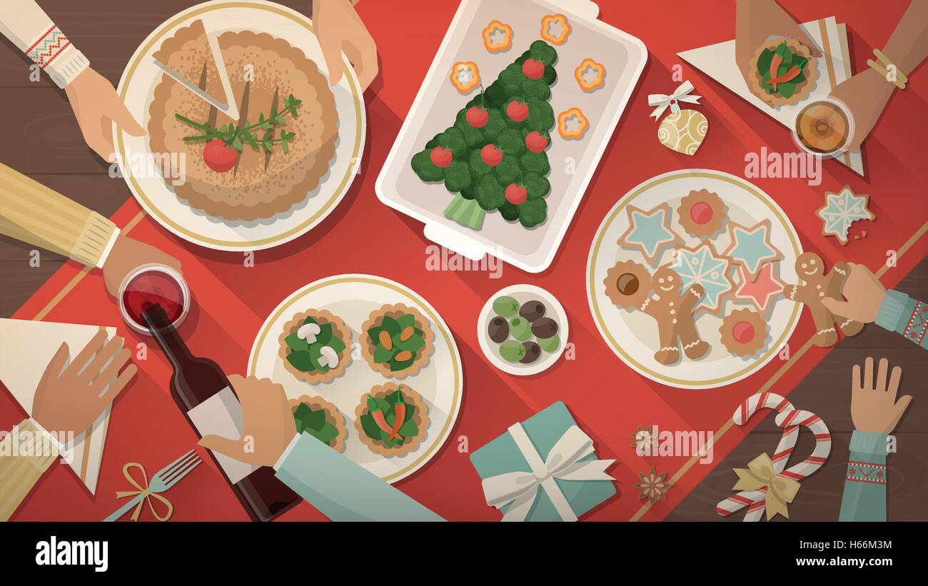 La famiglia felice con la cena di Natale e mangiare delizioso cibo vegan, celebrazione e vacanze banner, vista dall'alto Illustrazione Vettoriale