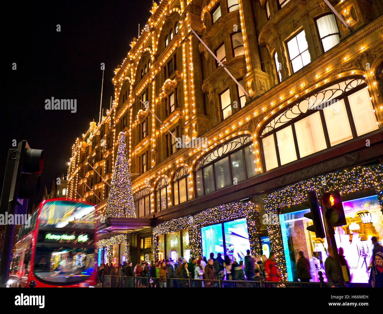 Natale shopping di Londra agli acquirenti di grandi magazzini Harrods al tramonto con le luci di Natale shopping folle e passaggio di bus rosso Knightsbridge London SW1 Foto Stock