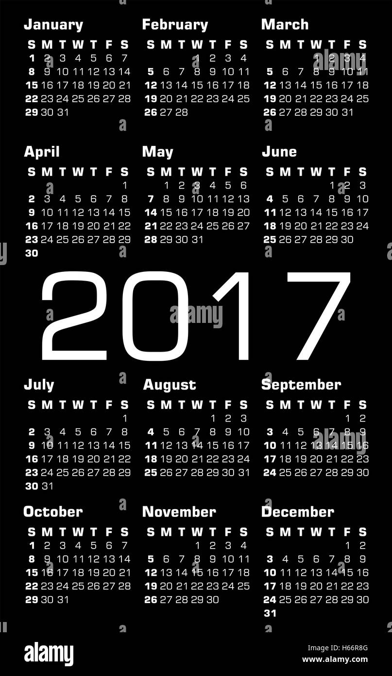 Nero 2017 Calendario con le lettere in bianco Illustrazione Vettoriale