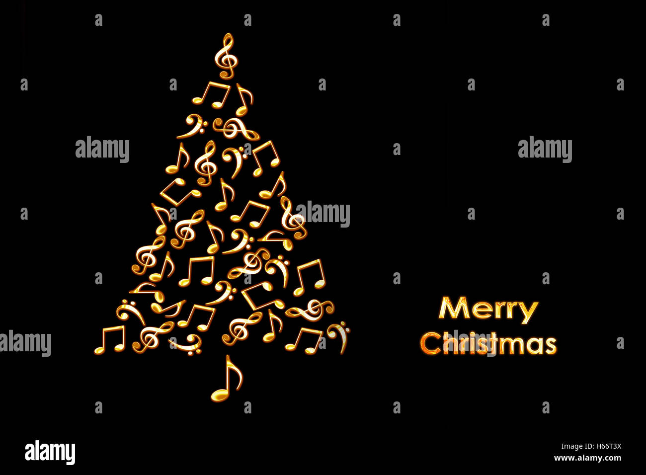 Scheda di Natale con un albero di Natale fatto di shiny golden note musicali su sfondo nero Foto Stock