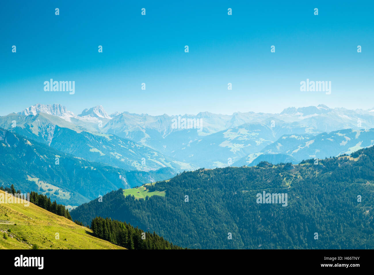 Un paesaggio con le alpi svizzere in background ed un cielo blu Foto Stock