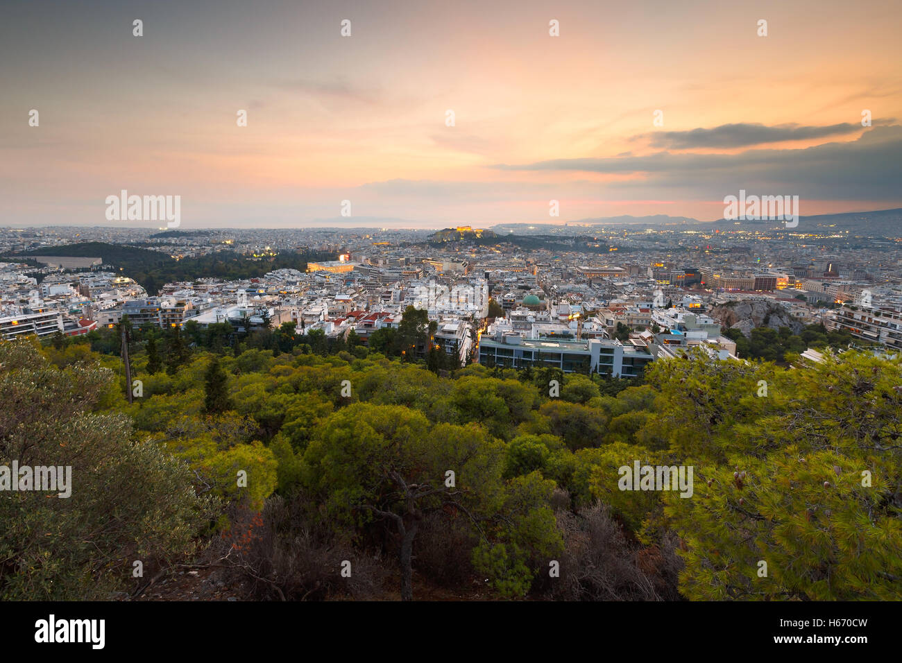 Vista di Atene dal Colle Lycabettus, Grecia. Foto Stock