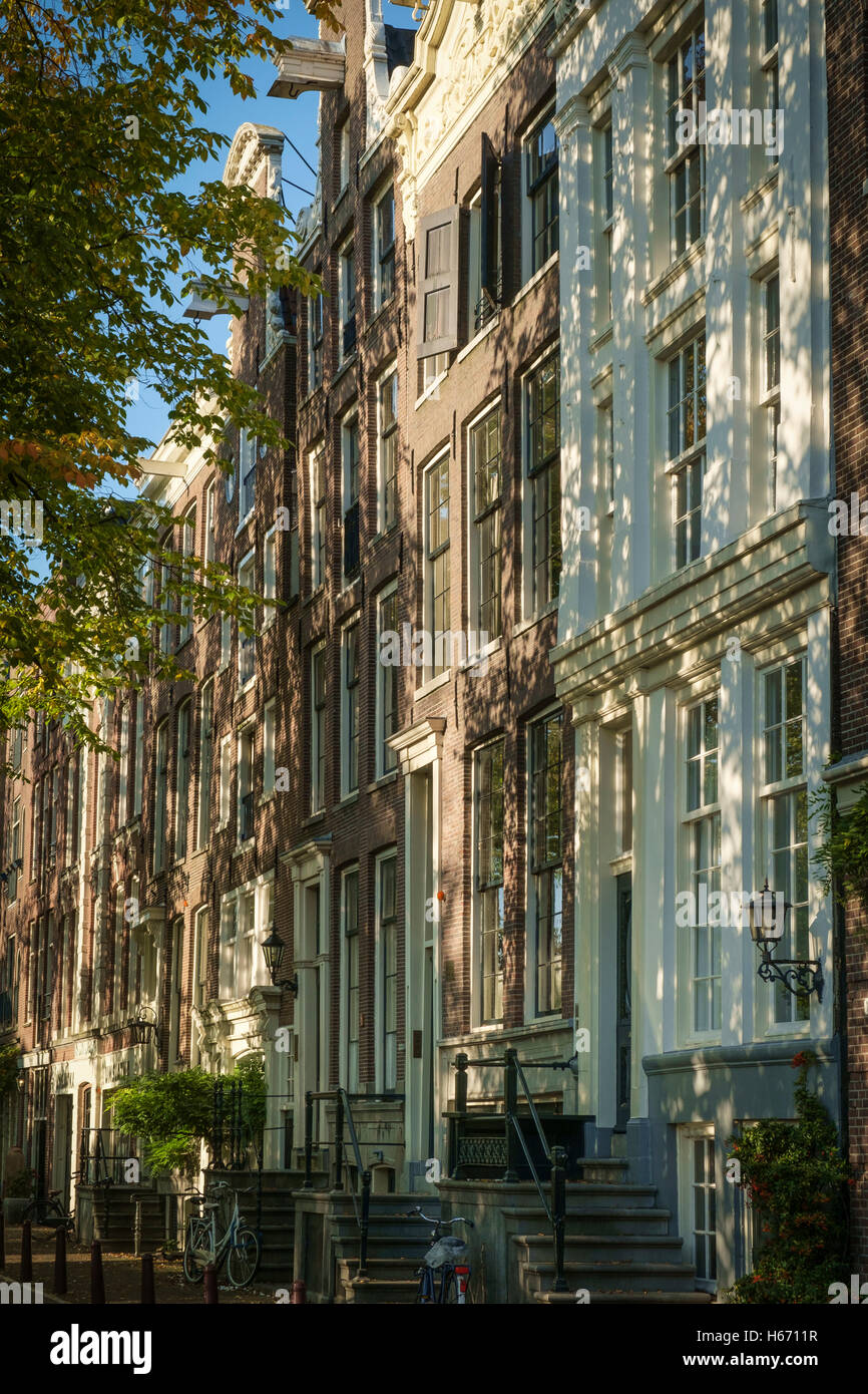 Pezzata la luce del sole cade sulla facciata del vecchio mercante case di Amsterdam. Foto Stock