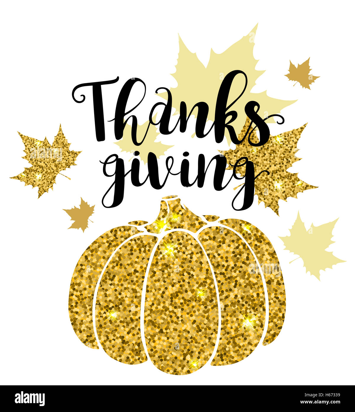 Lussuoso golden glitter card con zucca e scritte. Biglietto di auguri per il giorno del Ringraziamento. Sfondo di vacanza. Foto Stock