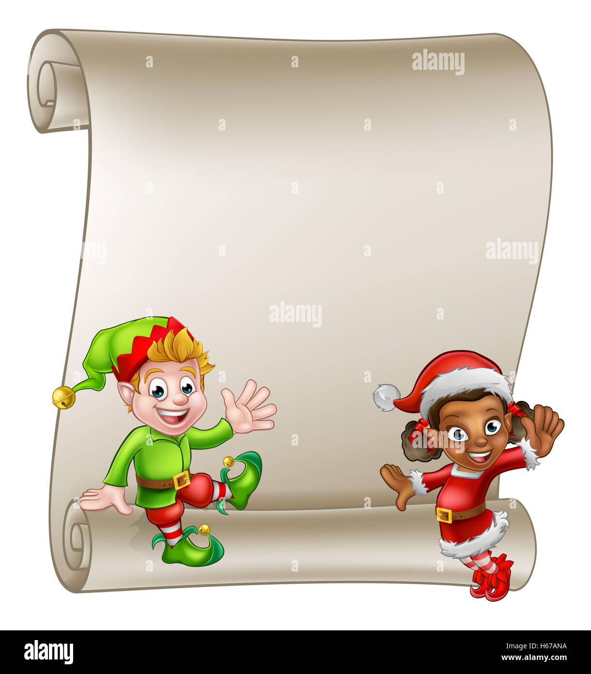 Un segno di scorrimento con cute elf natale aiutanti i personaggi dei cartoni animati uno in un cappello da Babbo Natale Foto Stock