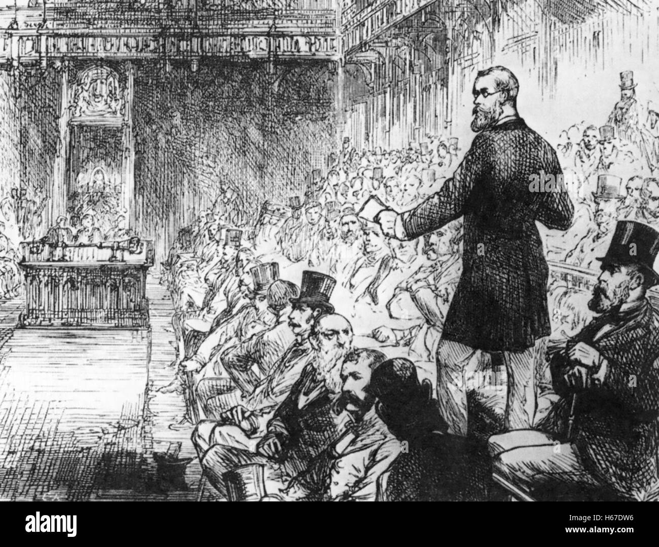 SAMUEL PLIMSOLL (1824-1898) politico inglese sollecitando il suo caso per la linea Plimsoll alla Camera dei Comuni nel 1873 Foto Stock