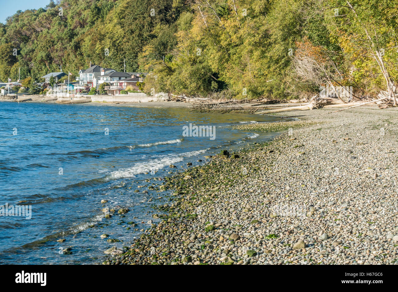 Le case si affacciano al Puget Sound all'estremità nord della spiaggia di Seahurst in Burien, Washington. Foto Stock