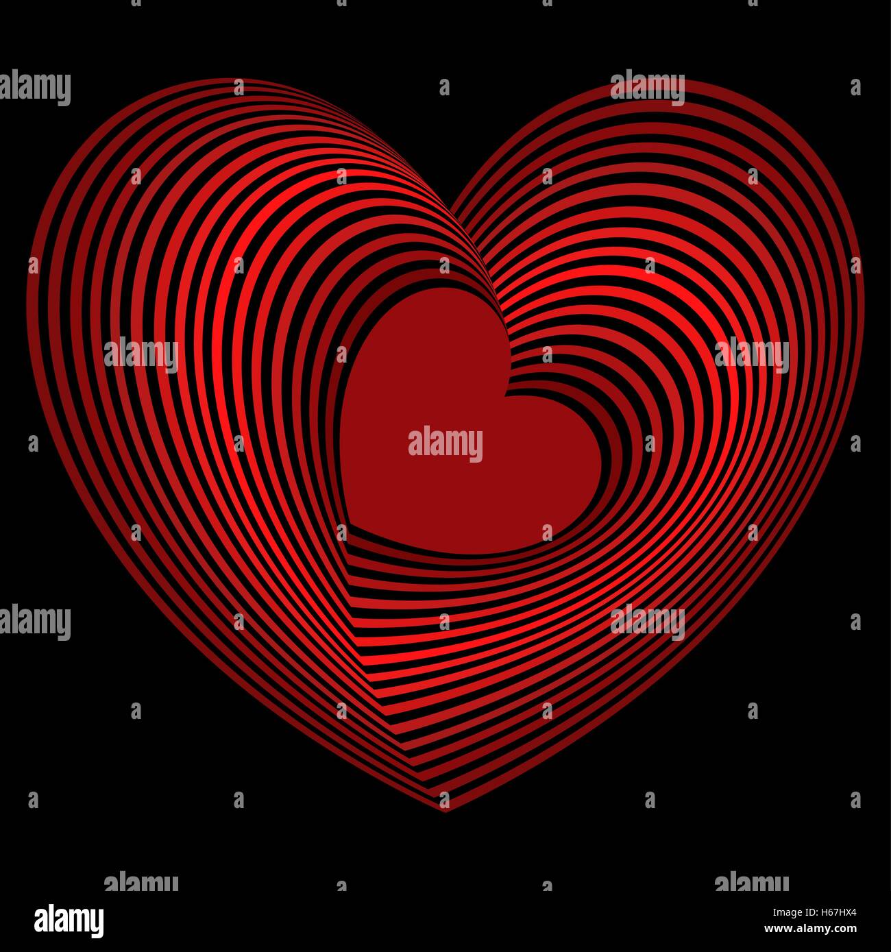 Cuore rosso in molti concentriche forme di cuore su sfondo nero, immagini vettoriali Illustrazione Vettoriale