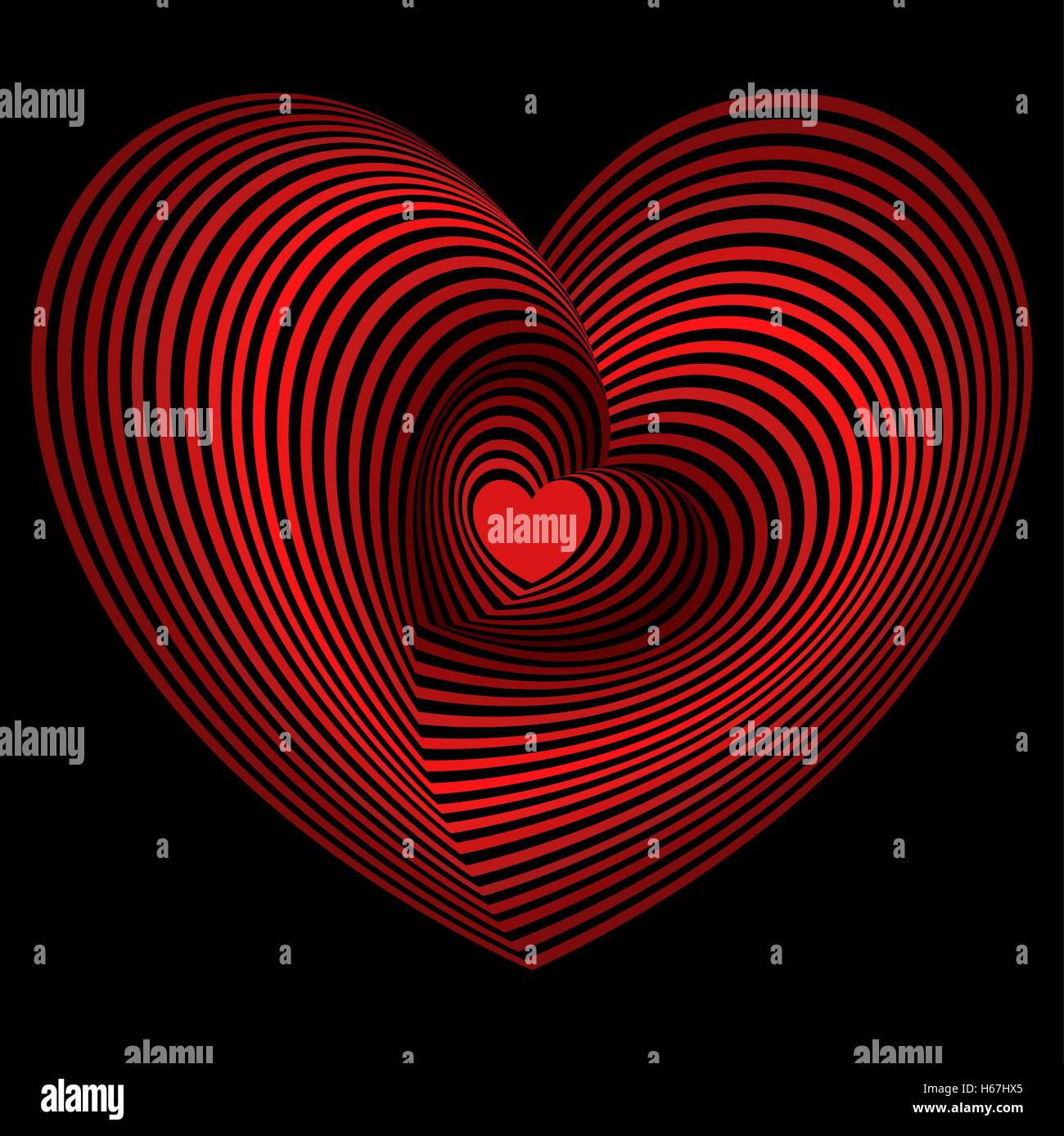 Piccolo cuore rosso nella partita del cuore concentriche forme su sfondo nero, immagini vettoriali Illustrazione Vettoriale
