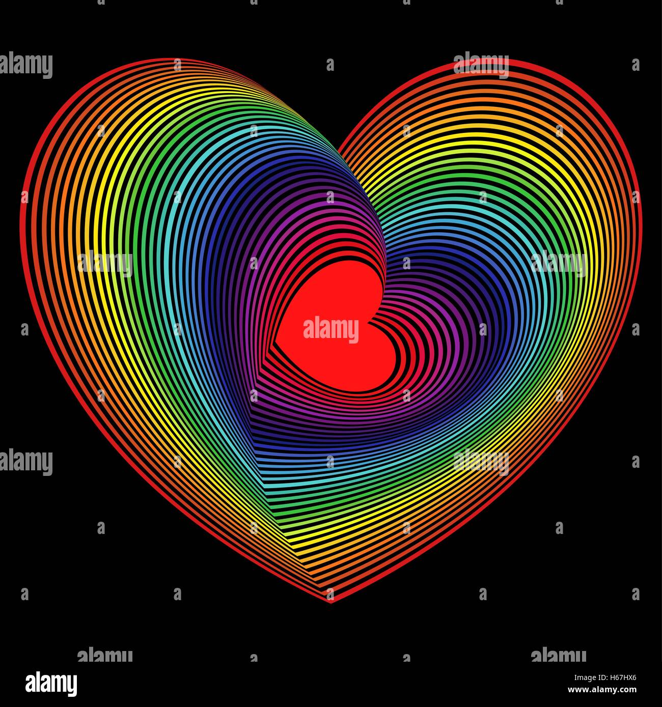 Cuore rosso nel lotto di spettro concentriche di colore forme di cuore su sfondo nero, immagini vettoriali Illustrazione Vettoriale