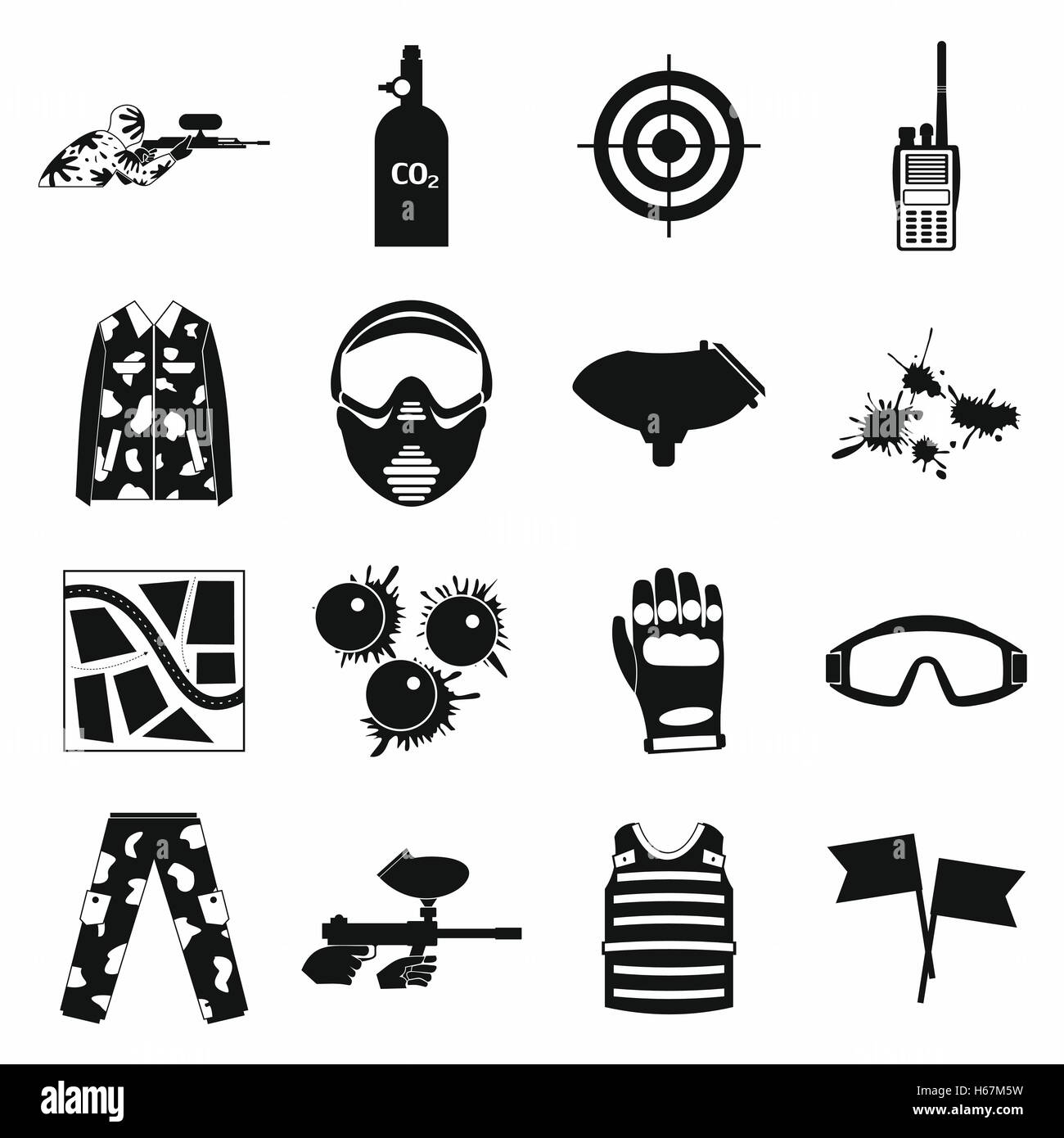 Il paintball gioco semplice set di icone Illustrazione Vettoriale