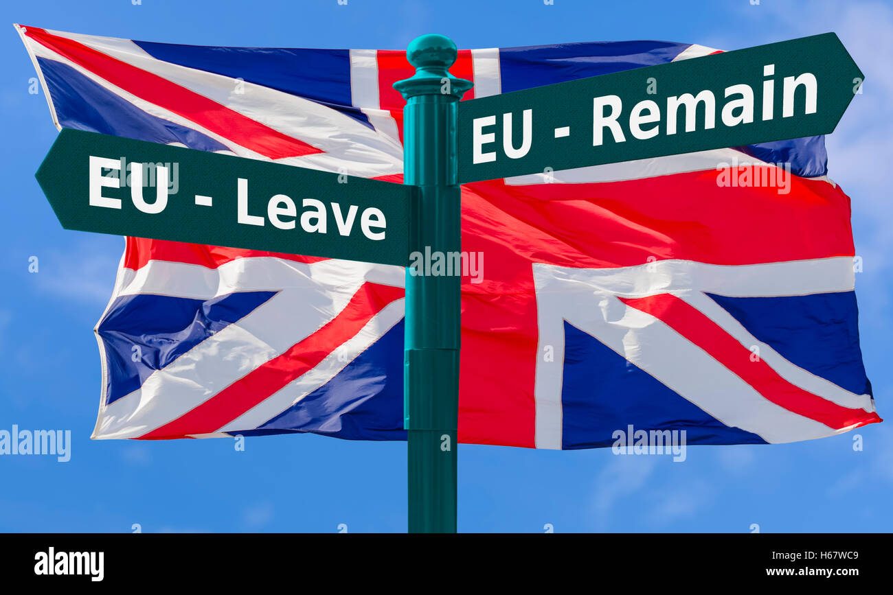Segno Brexit post. Lasciare UE o UE rimangono concetto segno, contro una bandiera dell'Union Jack. Concetto Brexit. Referendum UE. Referendum europeo. Brexit votazione. Foto Stock