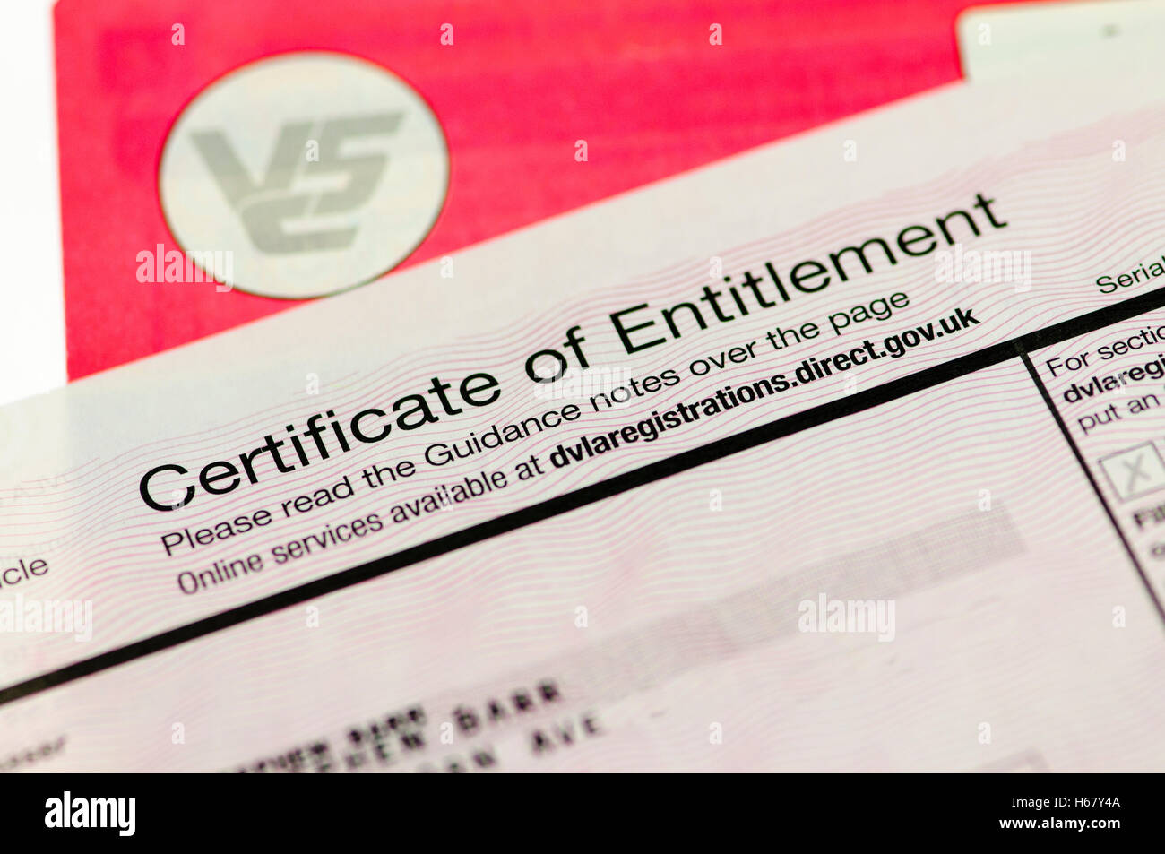 Certificato di licenza per numero personalizzata piastre da DVLA con V5C Certificato di registrazione. Foto Stock