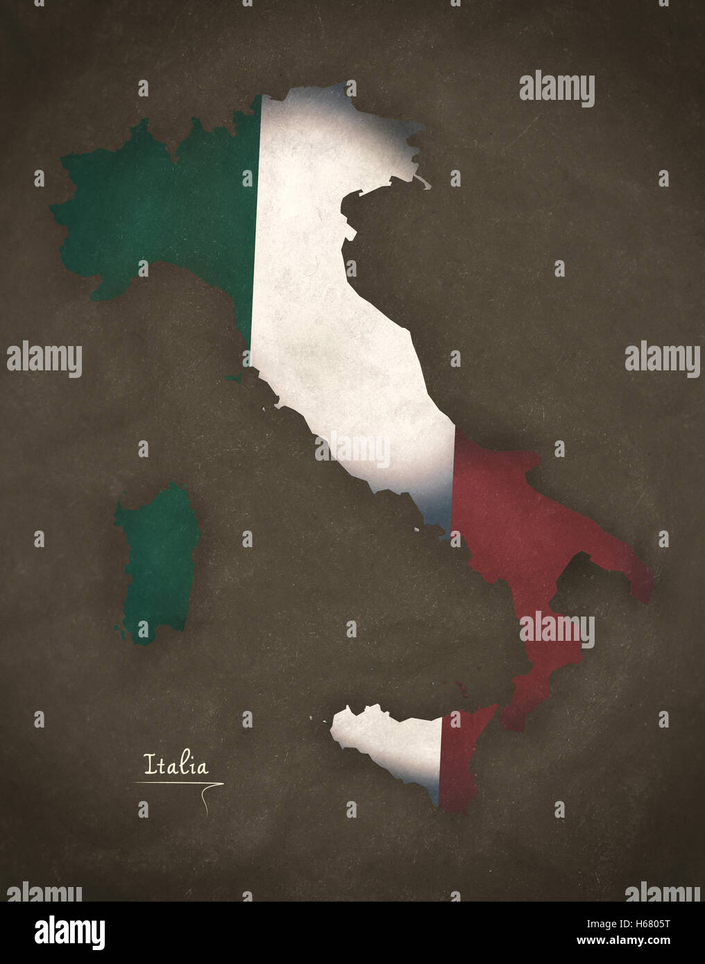 Italia mappa annata particolare stile grafico con bandiera illustrazione Foto Stock