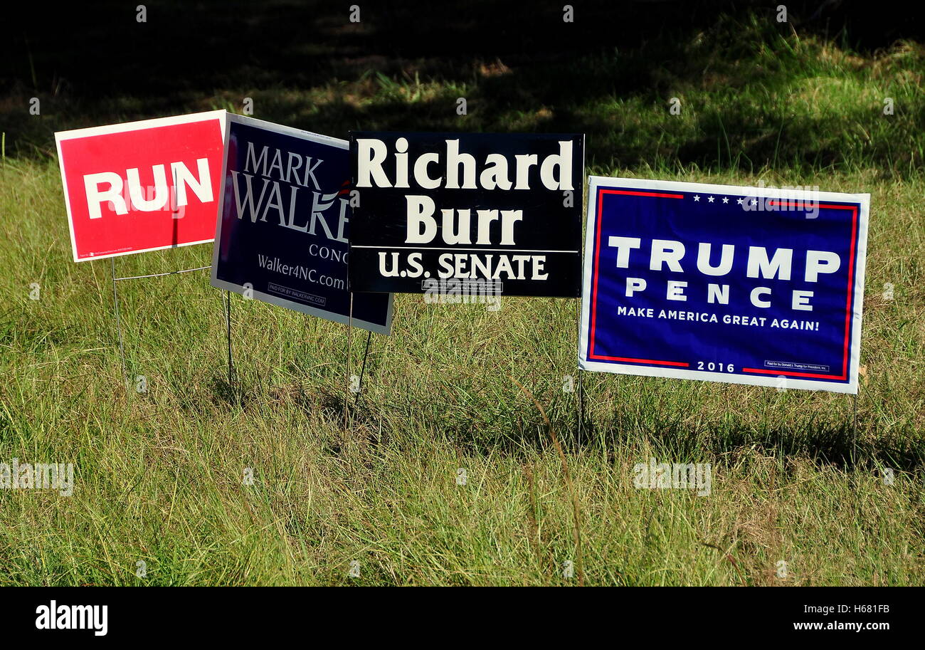 Pittsboro, NC - Ottobre 23, 2016: campagna politica 2016 cartelli pubblicitari per locali e nazionali i candidati Foto Stock