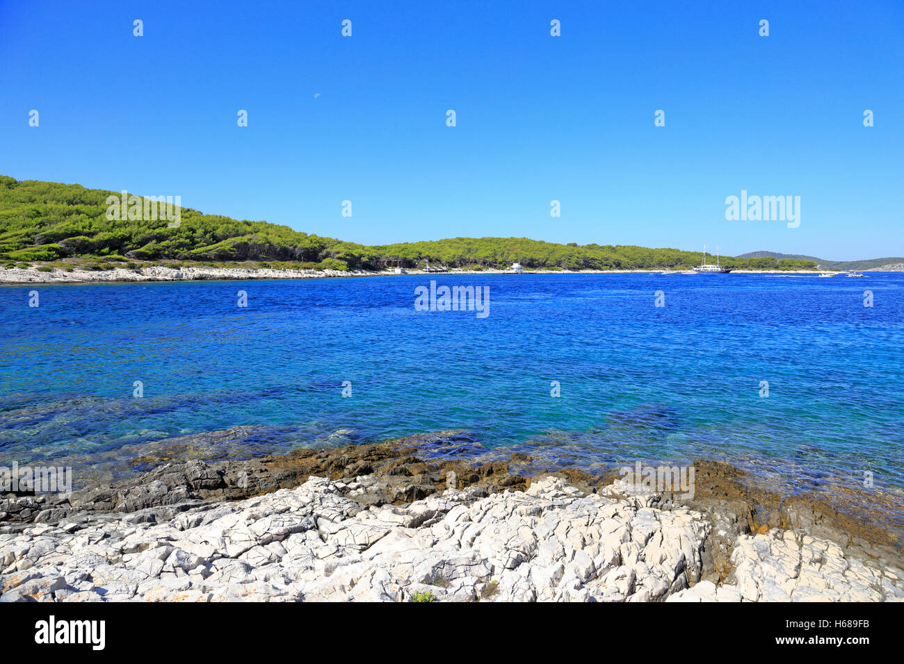 Carpe Diem beach, Stipanska isola da Jerolim isola nei pressi di Isola di Hvar, Croazia, Dalmazia, costa dalmata, l'Europa. Foto Stock