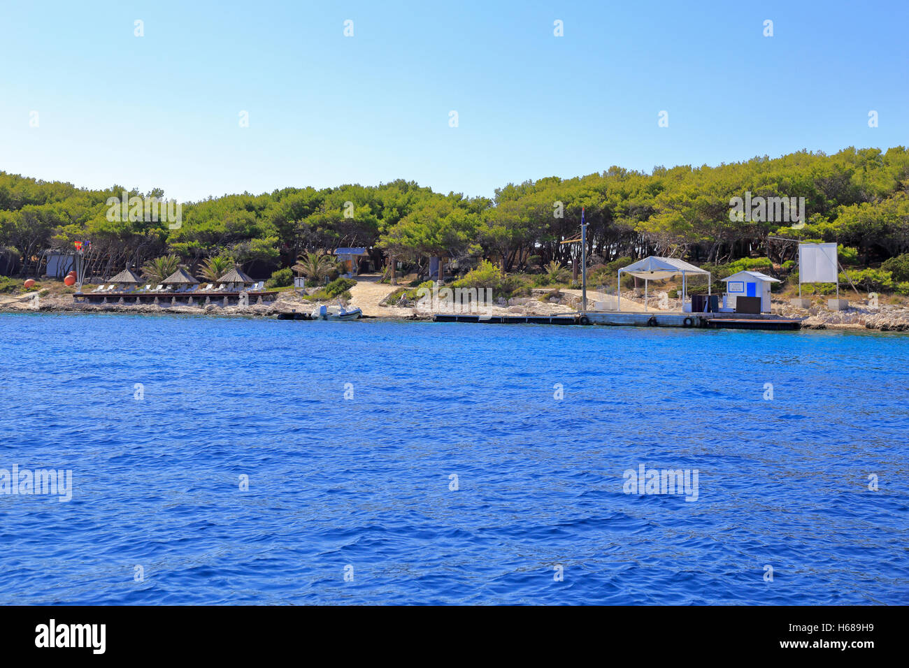 Carpe Diem beach, Stipanska isola nei pressi di Isola di Hvar, Croazia, Dalmazia, costa dalmata, l'Europa. Foto Stock