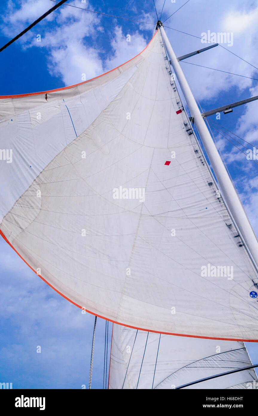 Tela Bianca di vele di una nave a vela contro un cielo blu con alcune nuvole. Foto Stock