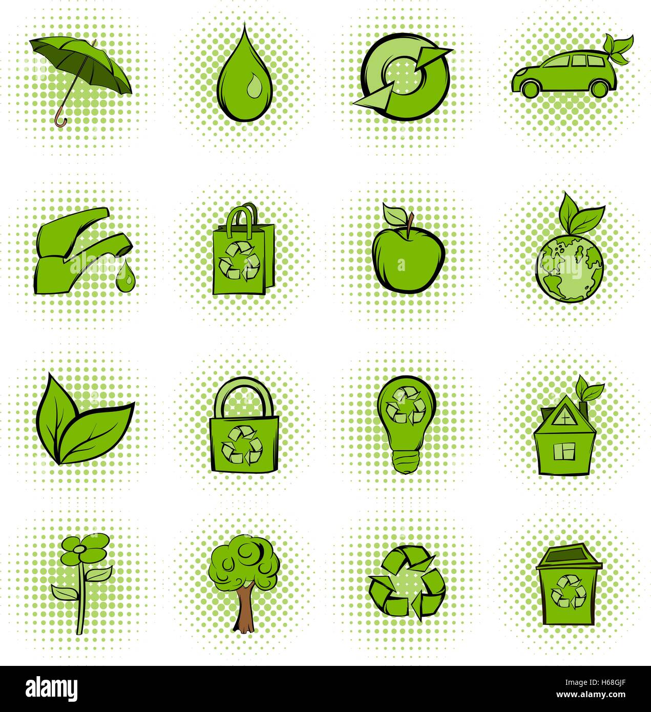 Eco fumetto verde set di icone Illustrazione Vettoriale