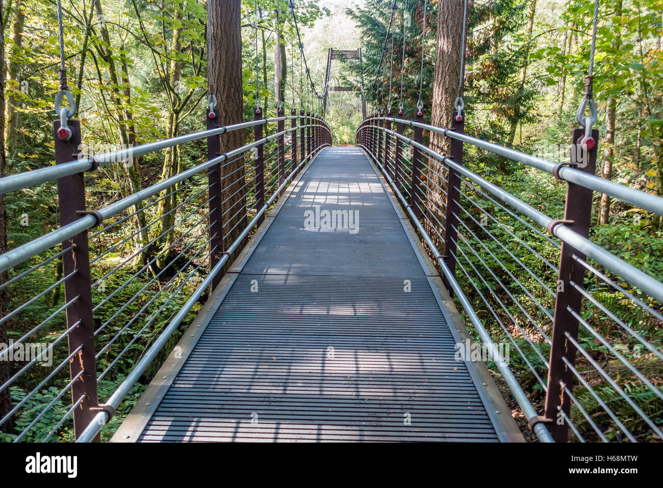 Una vista di un ponte di sospensione circondato da alberi a Bellevue, Washington. Foto Stock