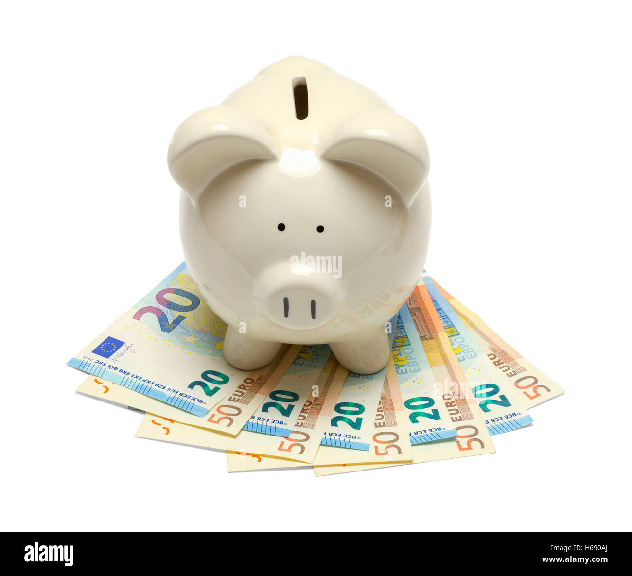 Salvadanaio di banche con Euro isolati su sfondo bianco. Foto Stock