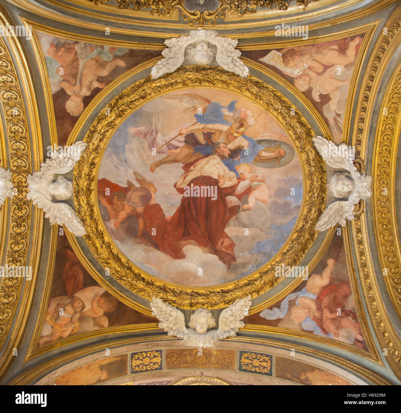 Roma - Il simbolico affresco gloria di st. Carlo Borromeo sul lato cupola nella Chiesa di Santa Maria del Orto Foto Stock