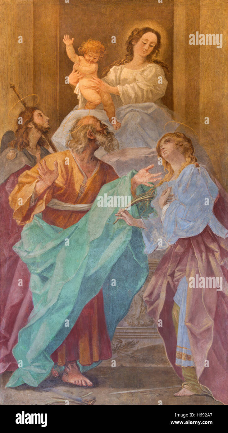 Roma, Italia - 12 Marzo 2016: l'affresco della Madonna con i santi nella Chiesa di Santa Maria dell'Orto Foto Stock