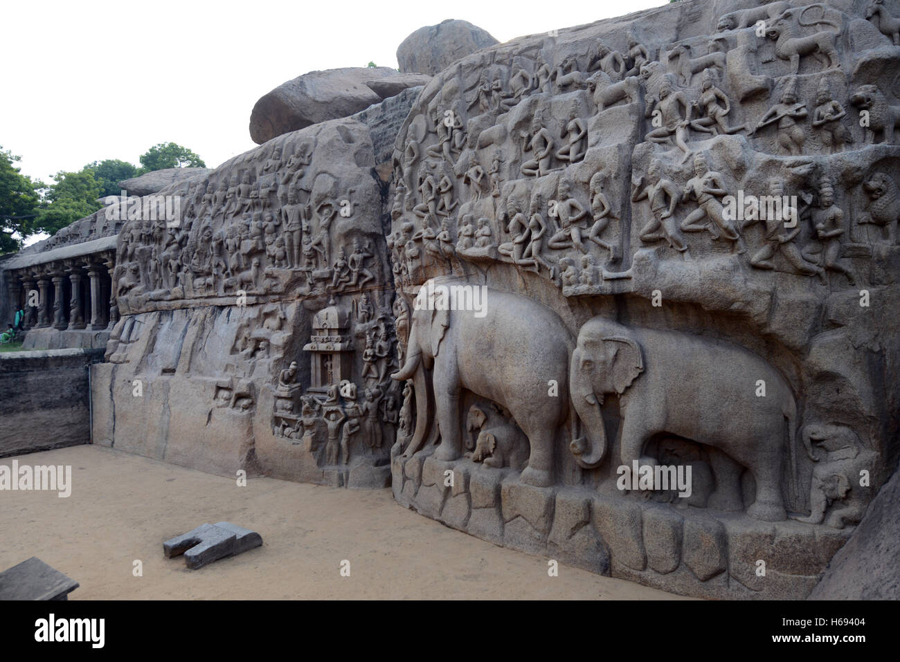 Arjuna la penitenza in Mahabalipuram, India. Foto Stock