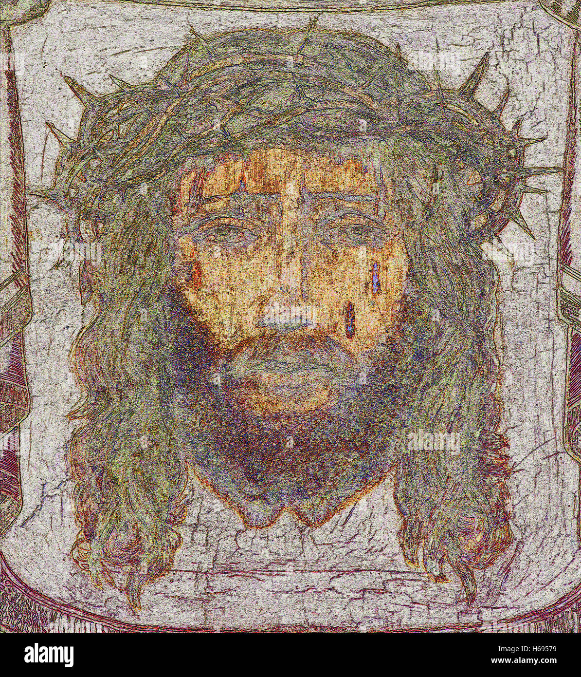 Bruges, Belgio - 13 giugno 2014: la testa di torturati Gesù Cristo illustrazione dopo aritst sconosciuto dalla chiesa in Bruges Foto Stock