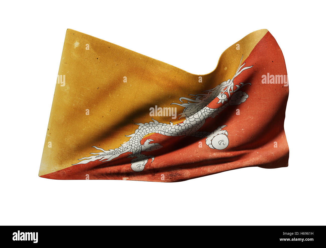 3D rendering di un antico Regno del Bhutan bandiera sventola su sfondo bianco Foto Stock