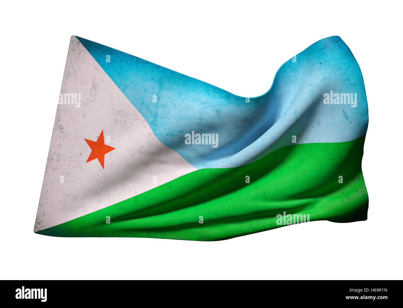 3D rendering di vecchi Gibuti bandiera sventola su sfondo bianco Foto Stock