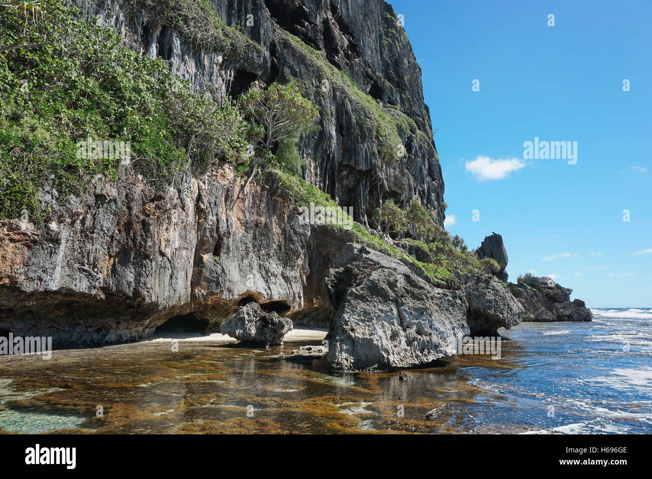 Scogliera costiera sulla riva del mare di Isola Rurutu, oceano pacifico, Austral arcipelago, Polinesia Francese Foto Stock