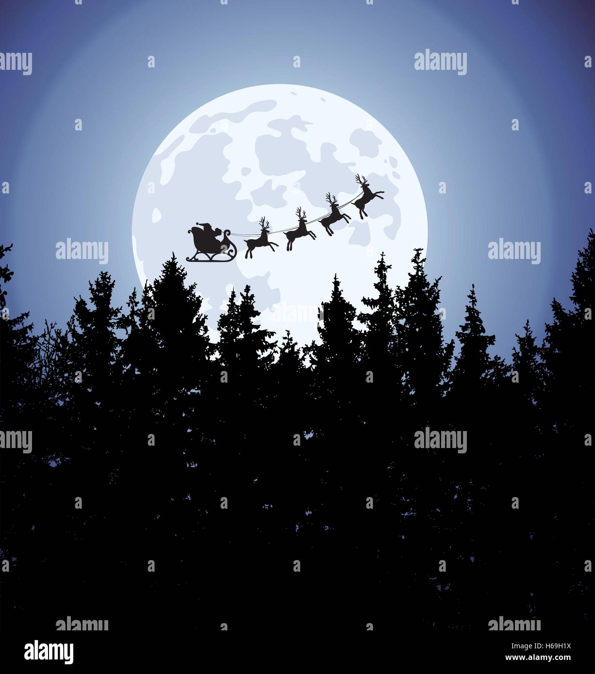 Vettore vacanze di Natale sfondo con babbo natale renne, luna e alberi Illustrazione Vettoriale
