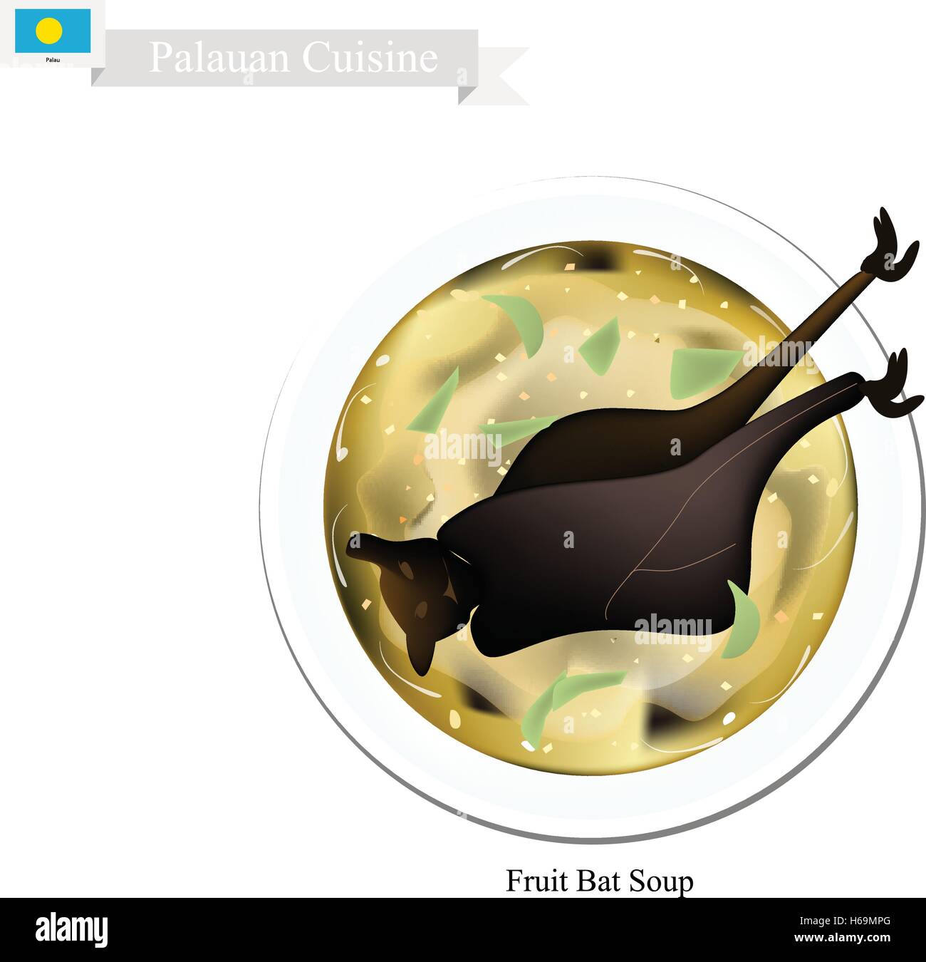 Cucina di Palauan, frutto tradizionale Bat Zuppa di Bat, latte di cocco, spezie e zenzero. Uno dei più famosi piatto in Palau. Illustrazione Vettoriale