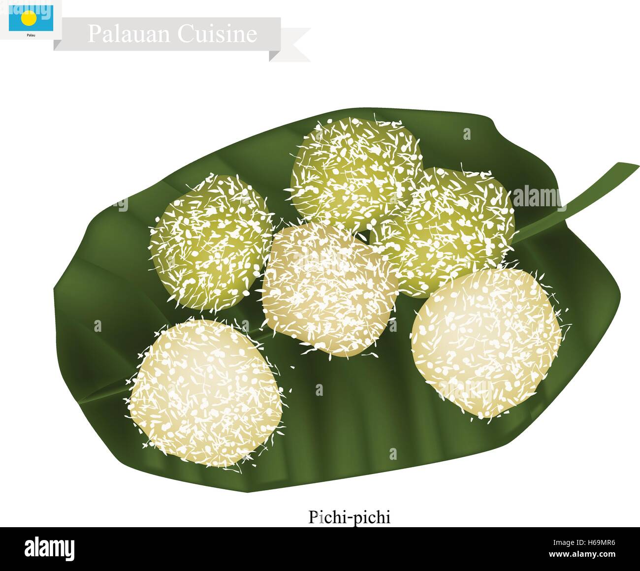 Cucina di Palauan, Pichi-Pichi o tradizionali di Palauan dolce fatto di scorza di manioca, zucchero, acqua e Pandan essenza rivestita con Illustrazione Vettoriale