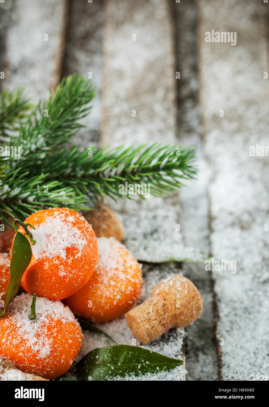 Tangerini freschi con foglie su una coperta di neve tabella con un ramo di abete rosso Foto Stock