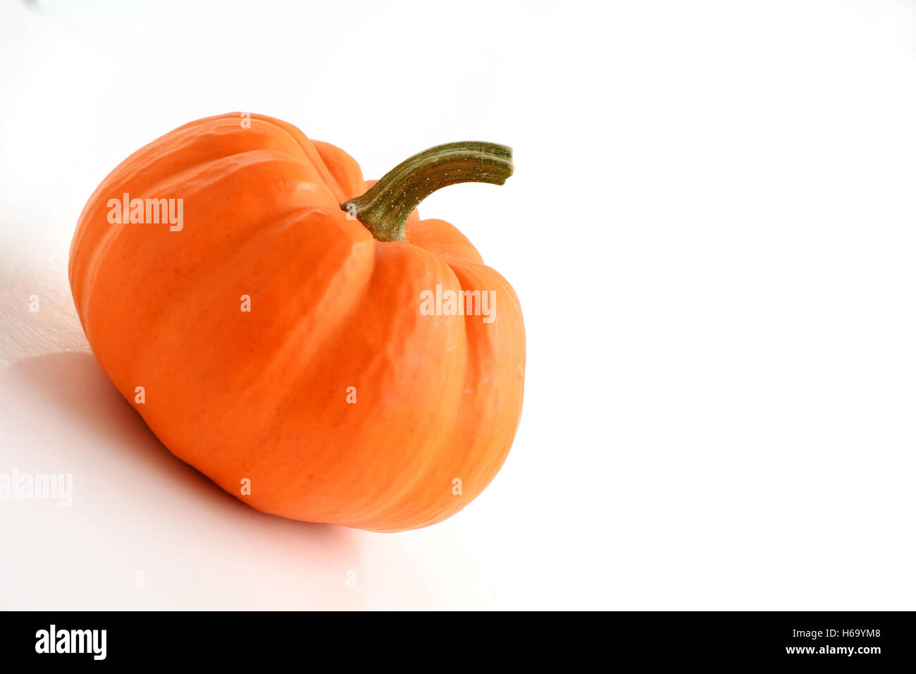 Arancione zucca in miniatura in formato orizzontale su sfondo bianco con una stanza per il testo. Macro con shallow DOF luce naturale Foto Stock
