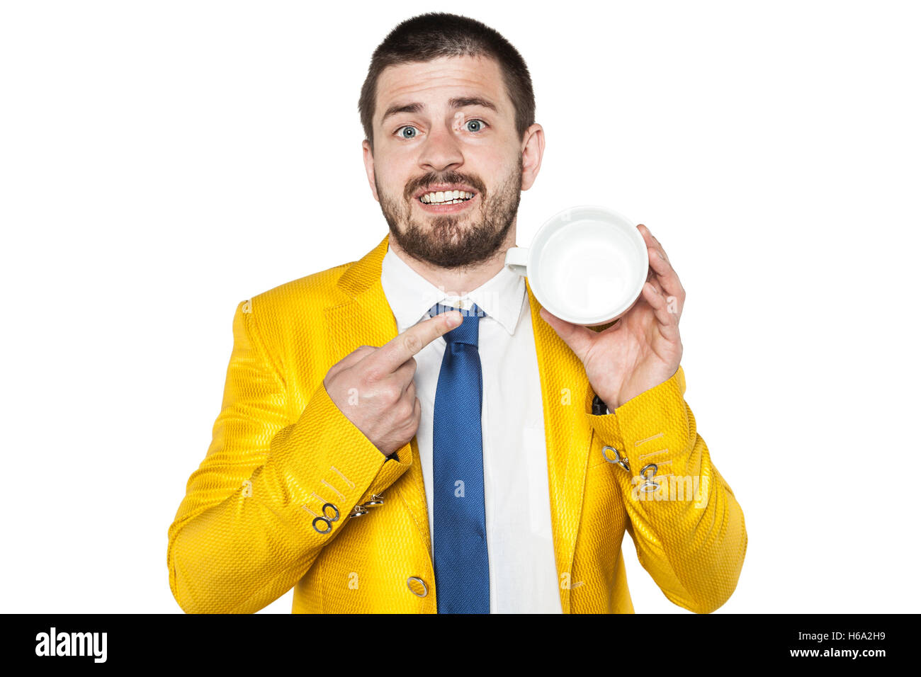 Imprenditore su alcuni caffè, tazza vuota Foto Stock