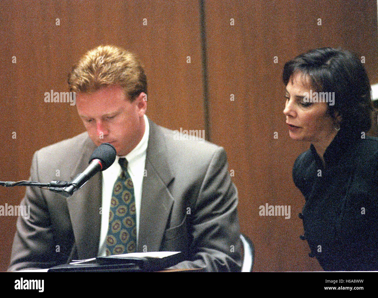 Los Angeles, California, USA. 13 Luglio, 1995. Procuratore Marcia Clark, destra, domande testimonianza Jim Merrill della Hertz Corporation, sinistra, durante il periodo di prova di ex NFL star running back O.J. Simpson per l'omicidio della sua ex moglie Nicole Brown Simpson e una sua amica, ristorante cameriere, Ron Goldman nella Contea di Los Angeles Corte superiore di Los Angeles, la California il 13 luglio 1995.Credit: Steve Grayson/Piscina via CNP © Steve Grayson/CNP/ZUMA filo/Alamy Live News Foto Stock