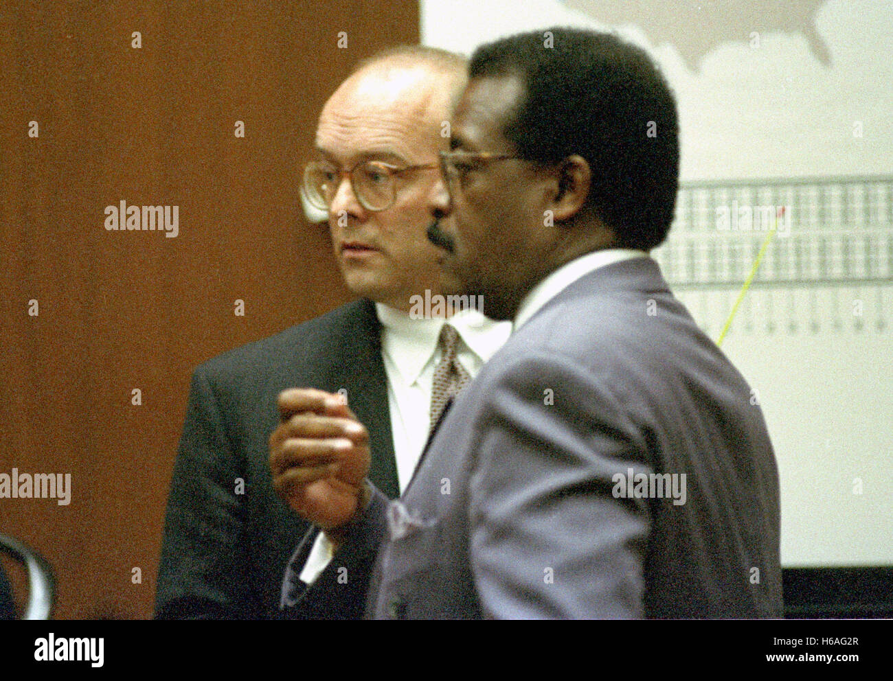 Portare difesa avvocato Johnnie L. Cochran, Jr. domande di marchio Chicago avvocato Mark Partridge durante il periodo di prova di ex NFL star running back O.J. Simpson per l'omicidio della sua ex moglie Nicole Brown Simpson e una sua amica, ristorante cameriere, Ron Goldman nella Contea di Los Angeles Corte superiore di Los Angeles, la California il 13 luglio 1995. Credito: Steve Grayson/Piscina via CNP - nessun filo SERVICE - Foto Stock