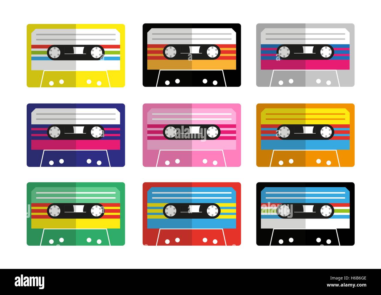 Set di piatti colorati vettore isolato mix tape / audio cassetta a nastro illustrazioni Illustrazione Vettoriale