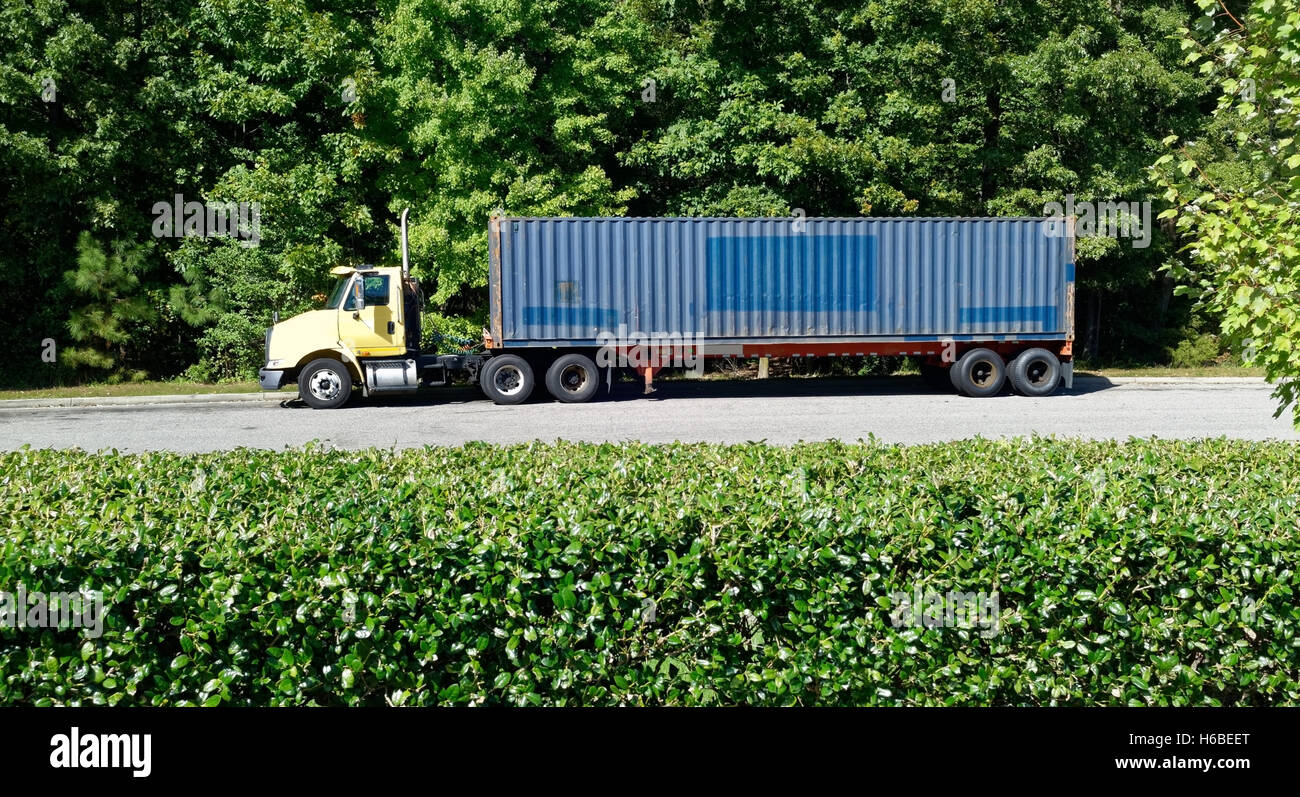 Giallo con cabina blu semi rimorchio parcheggiato sulla strada di fronte ad alberi con hedge in primo piano. Foto Stock