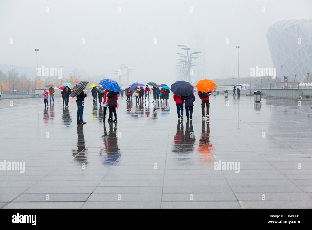 Lo Stadio Olimpico Nazionale di Pechino, il "nido d'uccello", sotto la pioggia e la nebbia Foto Stock